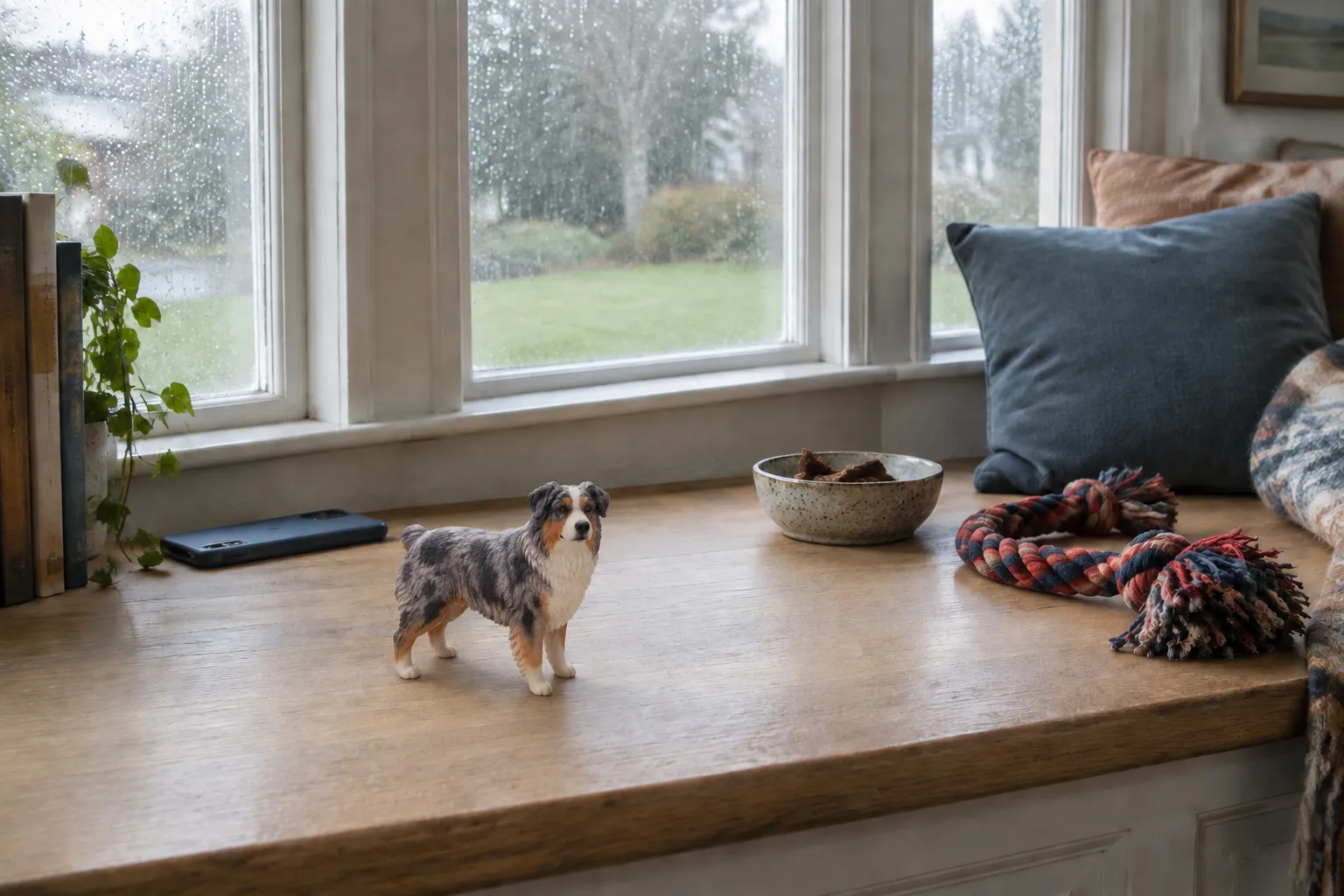 Blue merle Australian Shepherd figurine with a head tilt on an oak window seat beside a rope toy and a face-down phone