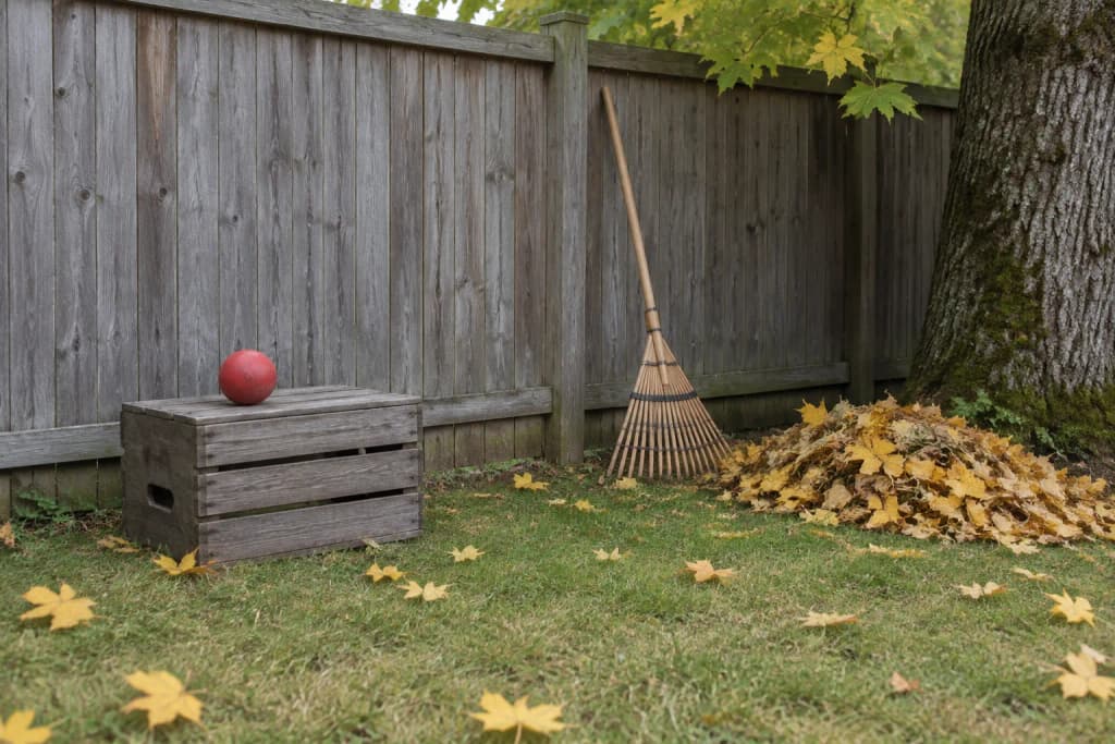 Upturned wooden crate with a red rubber ball on the lawn by a grey cedar fence, raked yellow maple leaves beside it