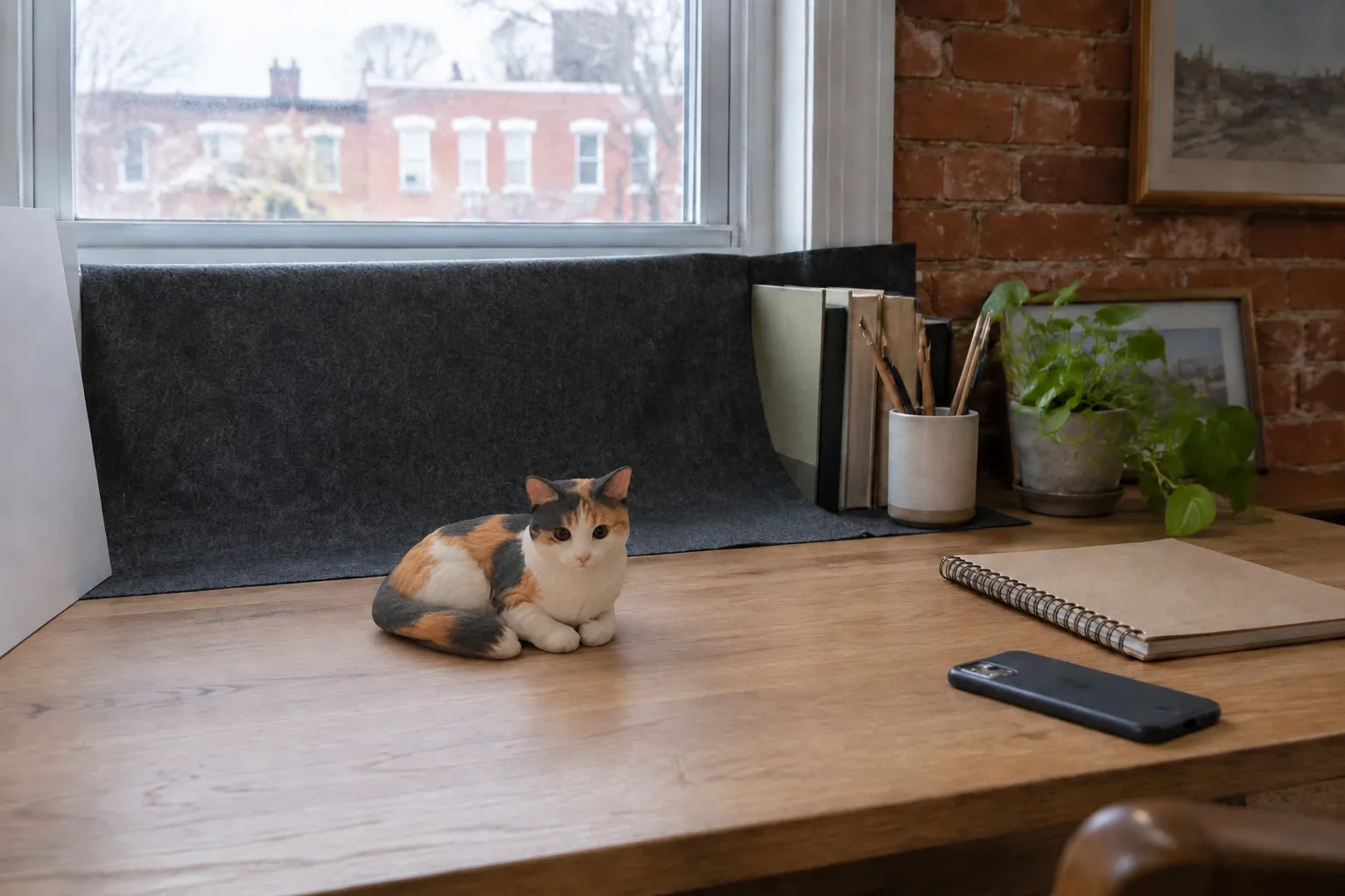 Calico shorthair cat figurine sitting on an oak desk by a north window, grey felt behind it, a white card beside