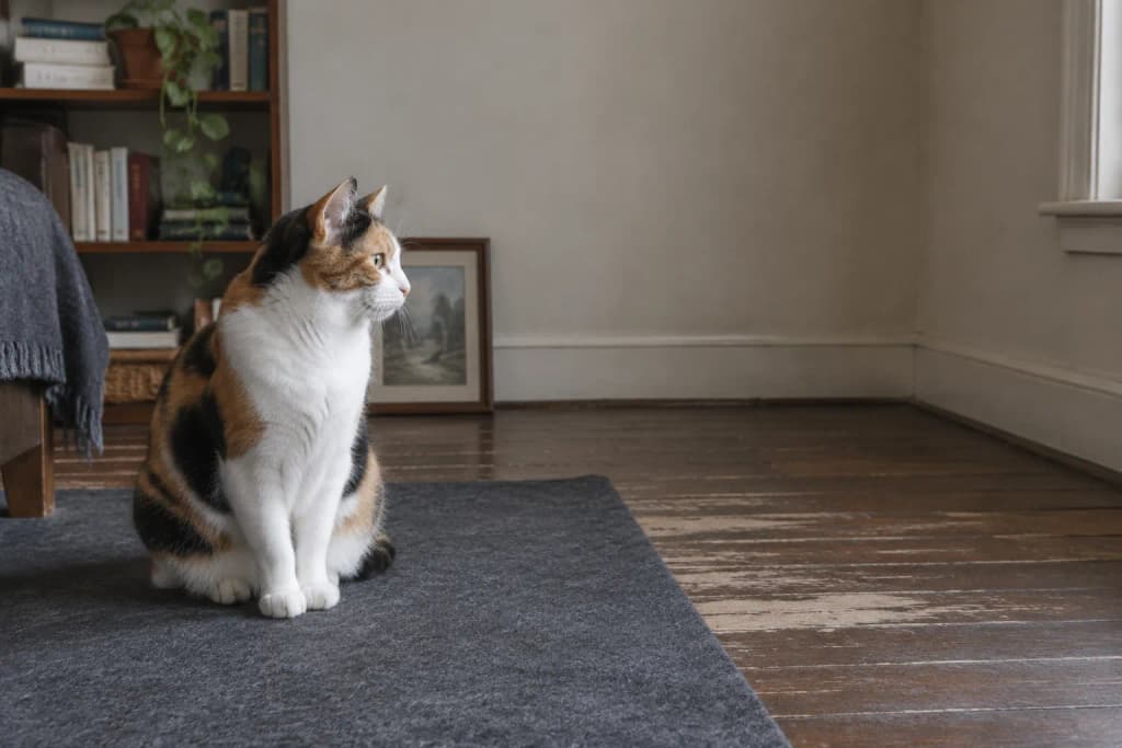 A calico shorthair cat sits on a grey felt sheet on pine floorboards near a window, head turned to one side