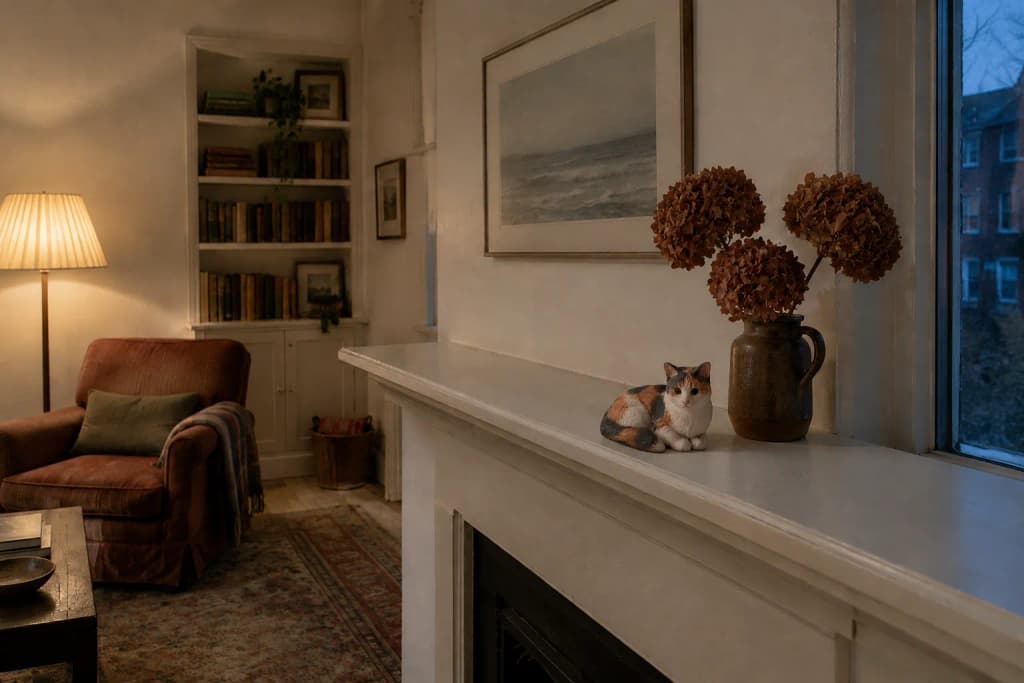 A rowhouse parlour at dusk, a calico shorthair cat figurine on a painted mantel beside a jug of dried hydrangeas