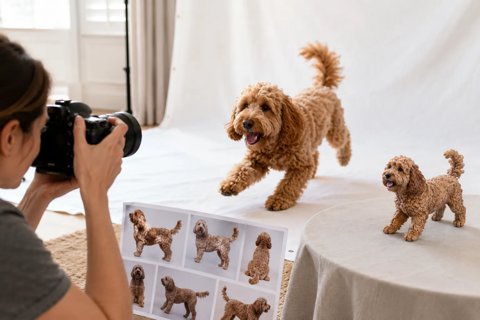 Person photographing a curly-coated Labradoodle next to a completed full-color 3D printed resin figurine showing accurate curl texture