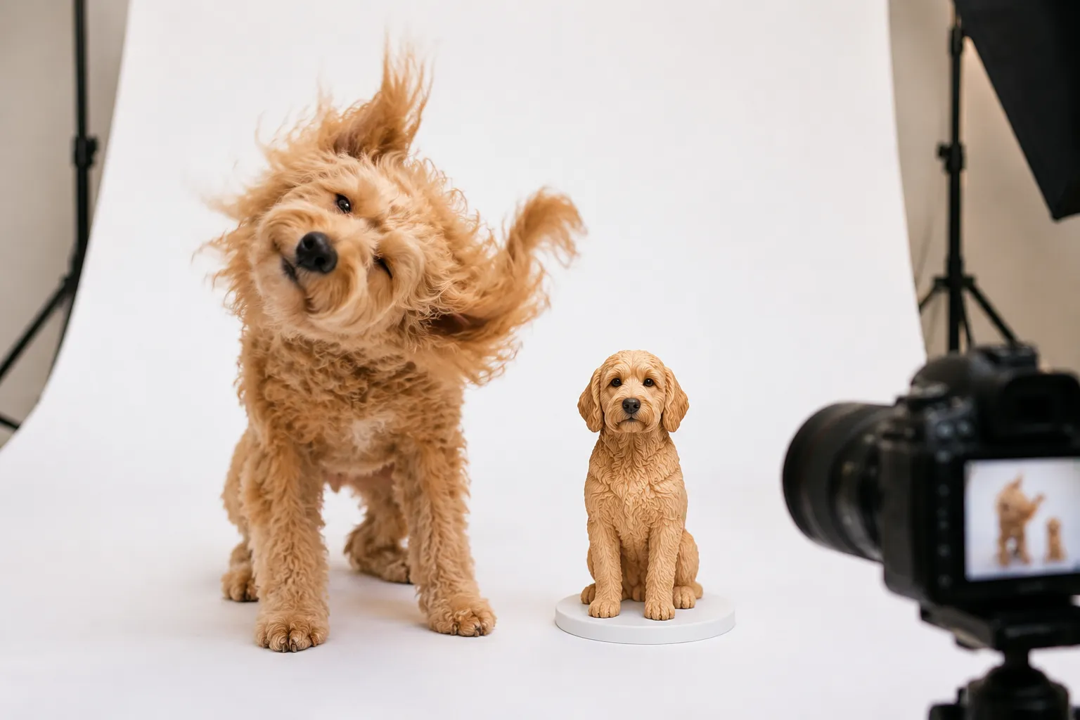 Playful apricot Goldendoodle mid-shake beside its perfectly still full-color 3D printed resin figurine on a white photography backdrop