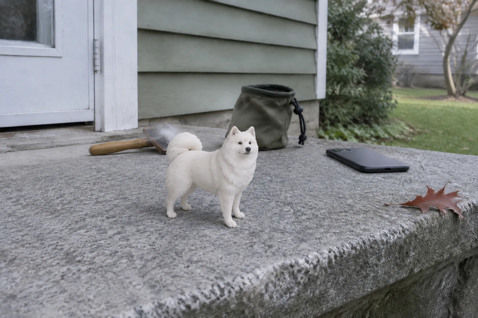 A white Samoyed figurine sits on a granite back step beside a slicker brush and a phone lying face down