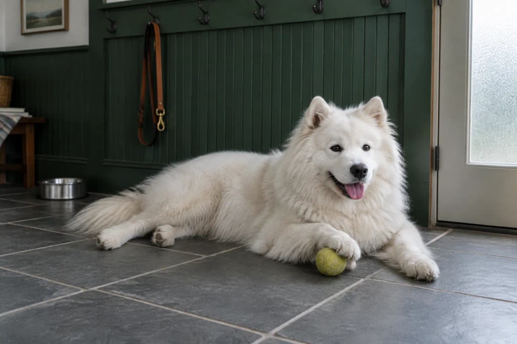 A white Samoyed lies stretched out on a slate mudroom floor, panting, a tennis ball under one front paw