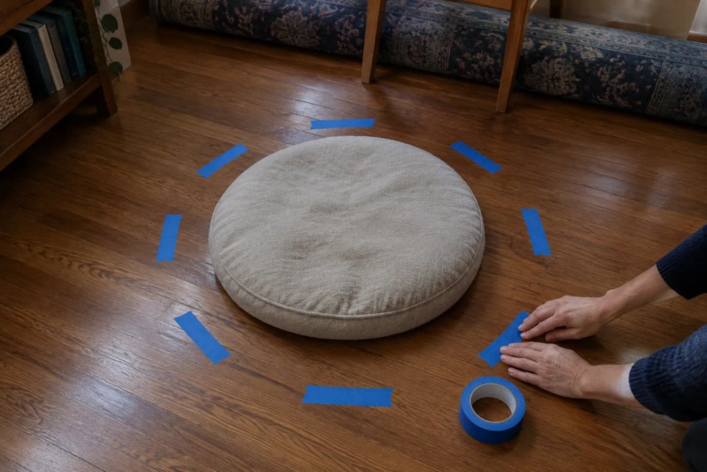 Hands press strips of blue painter's tape onto an oak floor in a ring around an empty round dog cushion