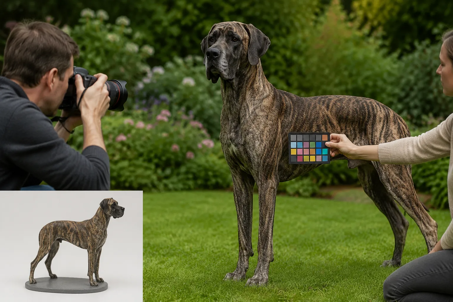 Person photographing a Great Dane outdoors with a color reference card, alongside an inset of the resulting full-color 3D printed resin figurine