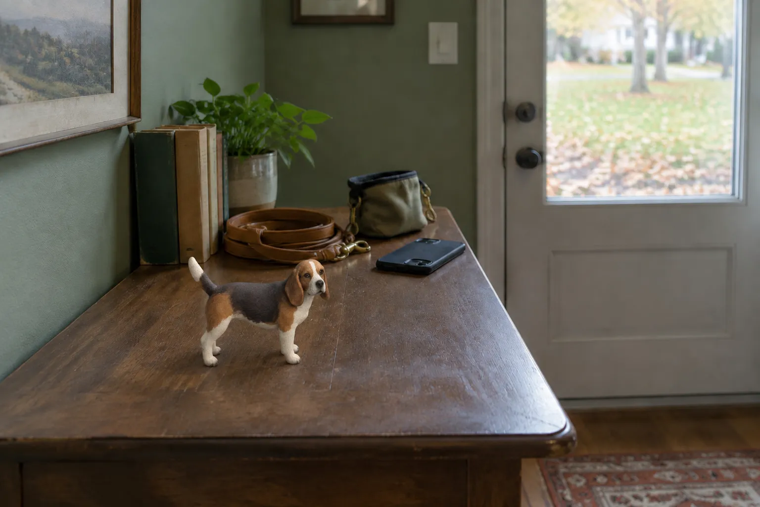 Tricolor Beagle figurine on a walnut side table beside a glass back door, with a leather leash and a canvas treat pouch
