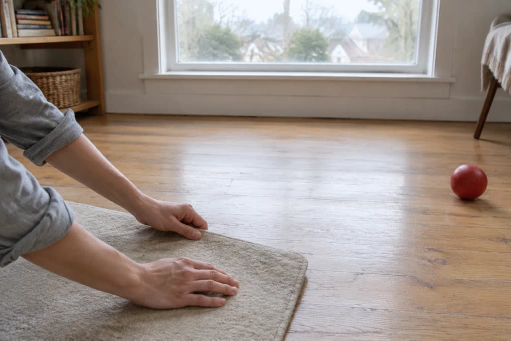 Hands smoothing a plain oatmeal felt mat on oak floorboards in front of a large window, a rubber ball beside it