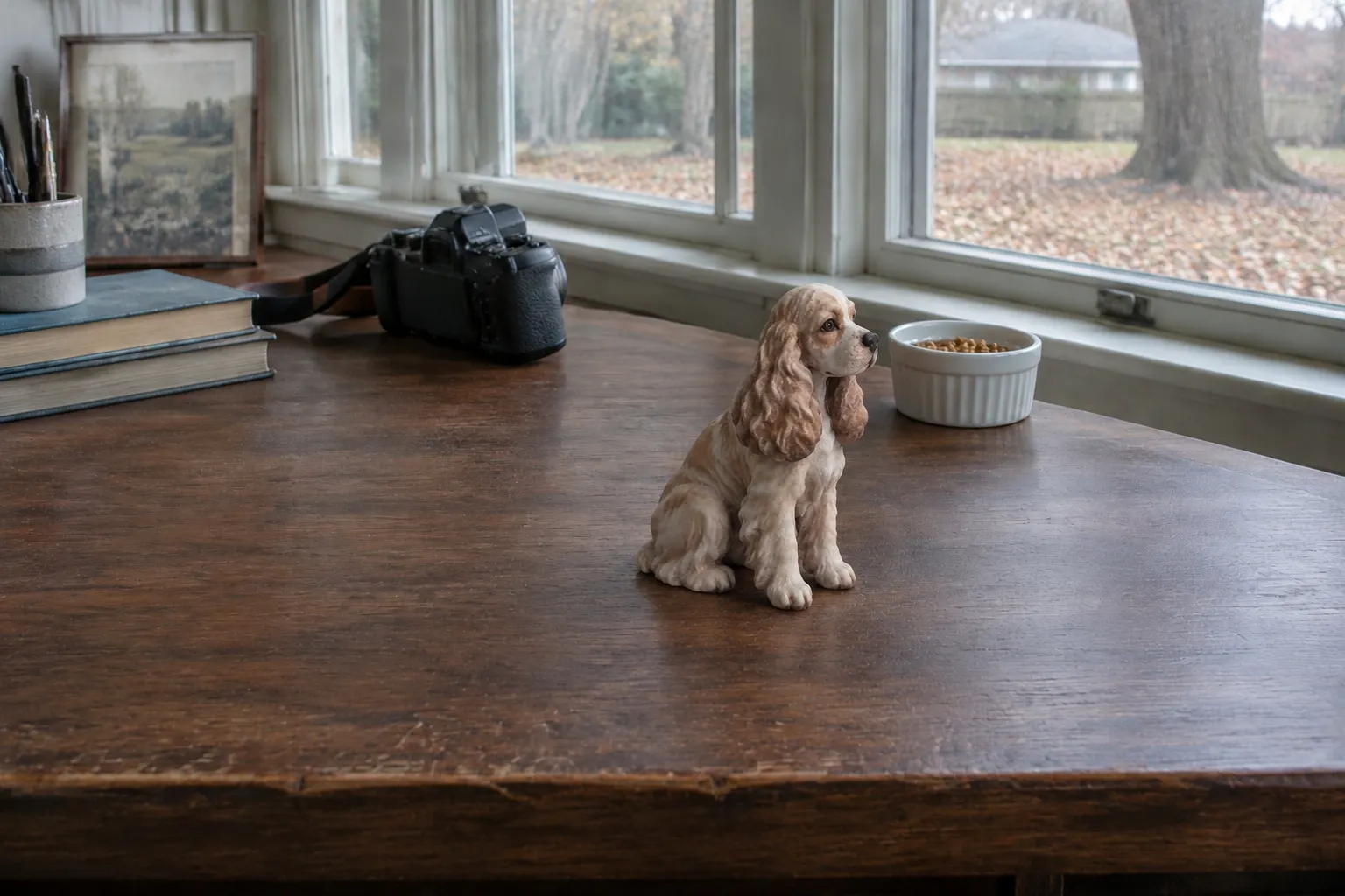 Cocker Spaniel figurine sitting on a walnut desk under a north window beside a camera body and a slicker brush