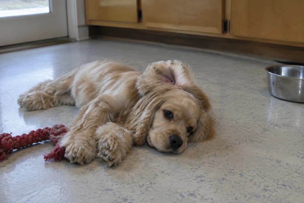 Young buff Cocker Spaniel lying on a cream linoleum kitchen floor with one long ear flipped back over its head