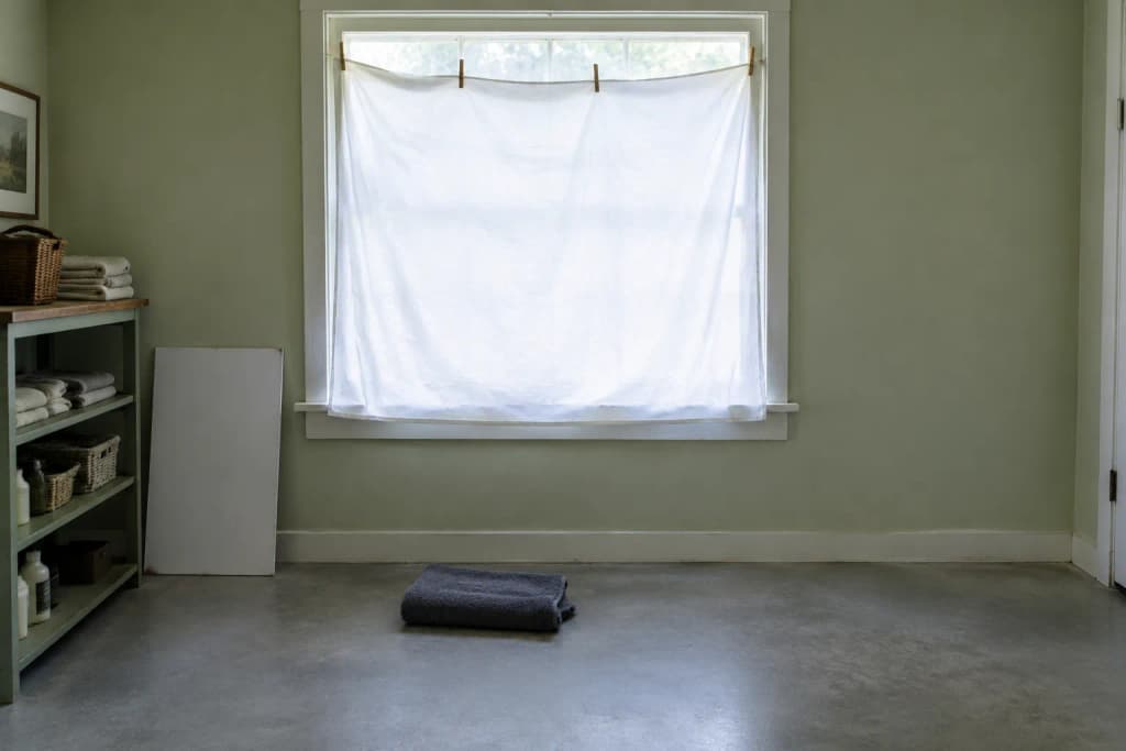 White cotton sheet clipped over a laundry room window, a folded charcoal towel on the floor below in soft light