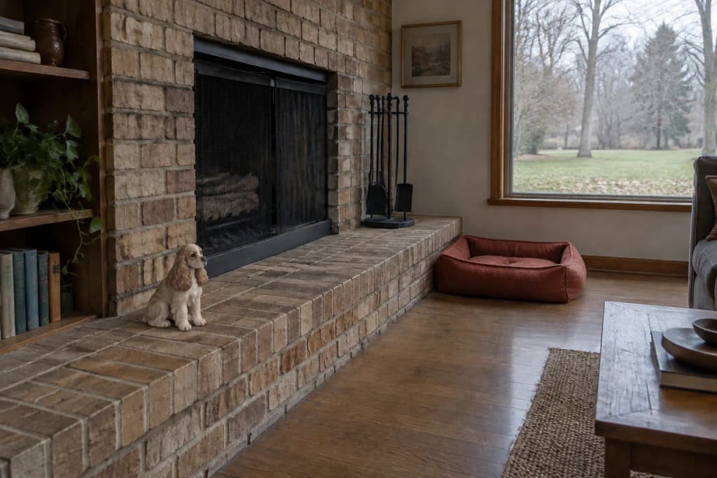 Ranch living room with a Cocker Spaniel figurine on the end of a raised brick hearth beside a picture window
