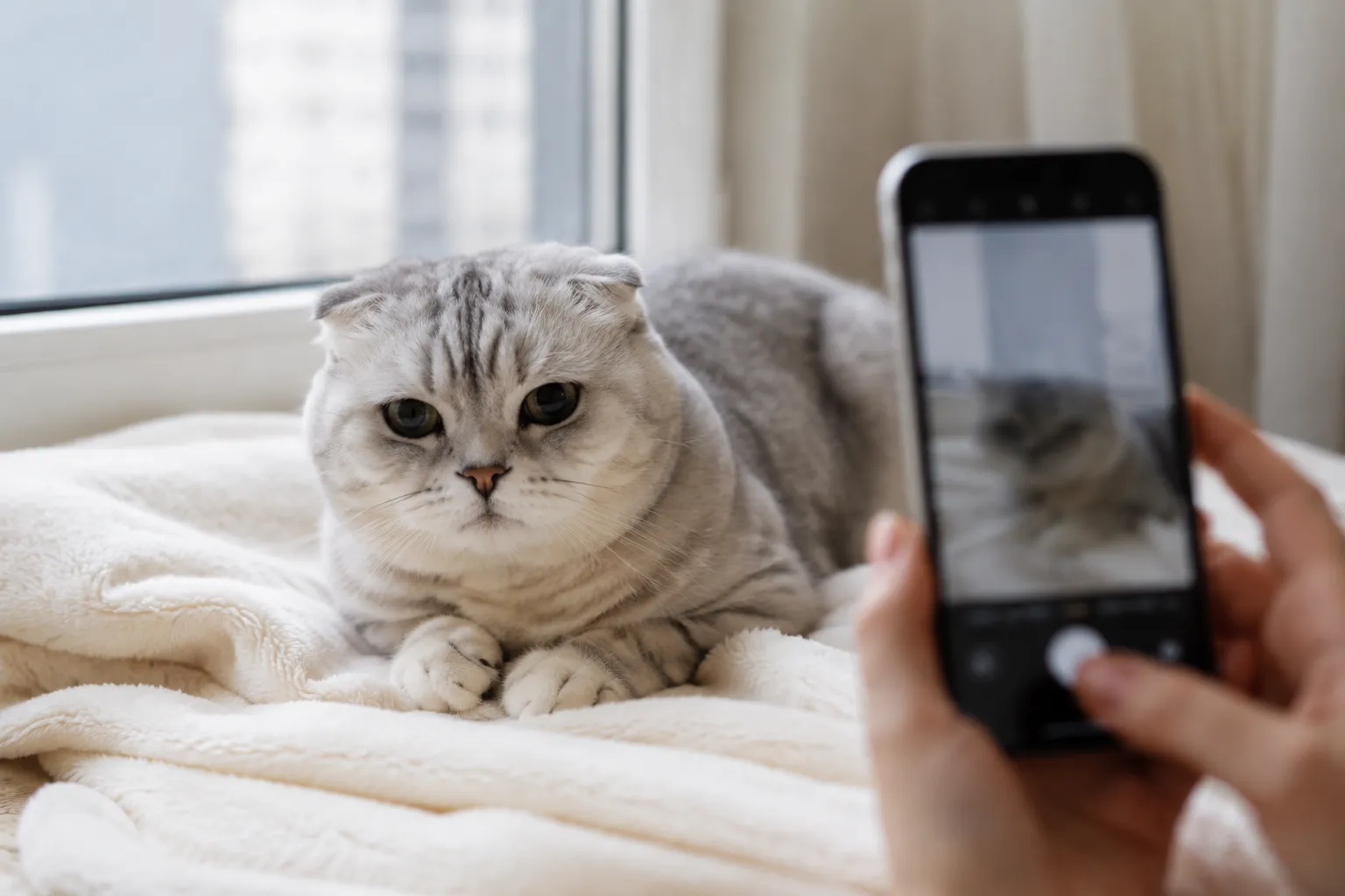 Senior Scottish Fold posed calmly on a soft blanket near a window in natural diffused light