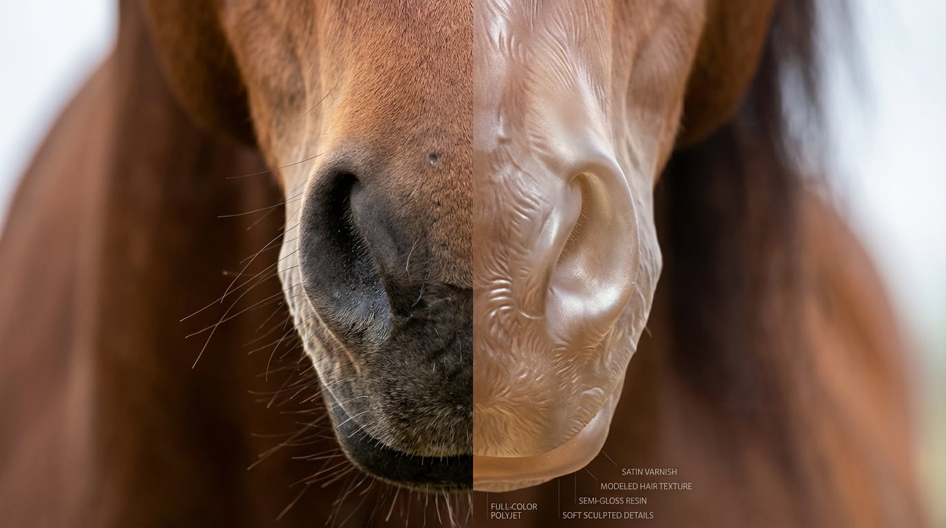 Split macro shot of a real horse muzzle and a 3D printed resin replica.