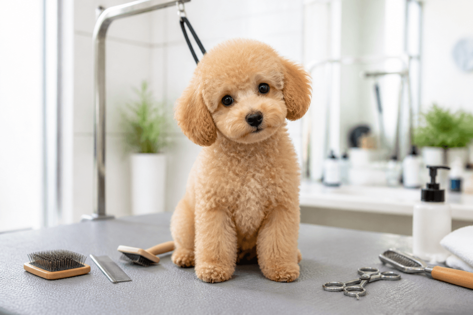 Fluffy Poodle puppy sitting on a grooming table surrounded by brushes in a bright, clean grooming space
