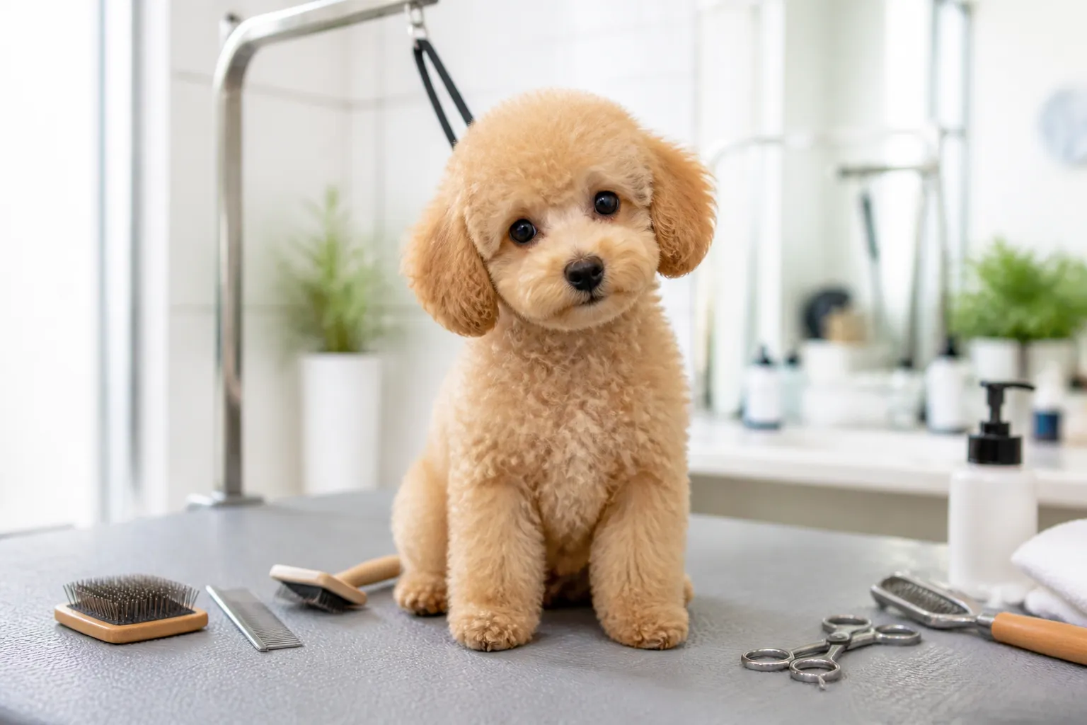Fluffy Poodle puppy sitting on a grooming table surrounded by brushes in a bright, clean grooming space
