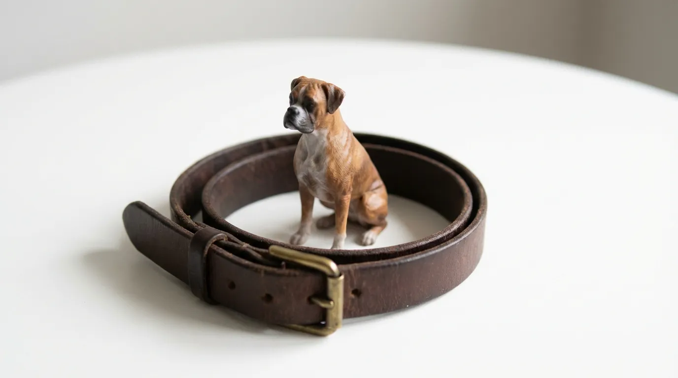 A Boxer figurine sitting inside a coiled leather dog collar.