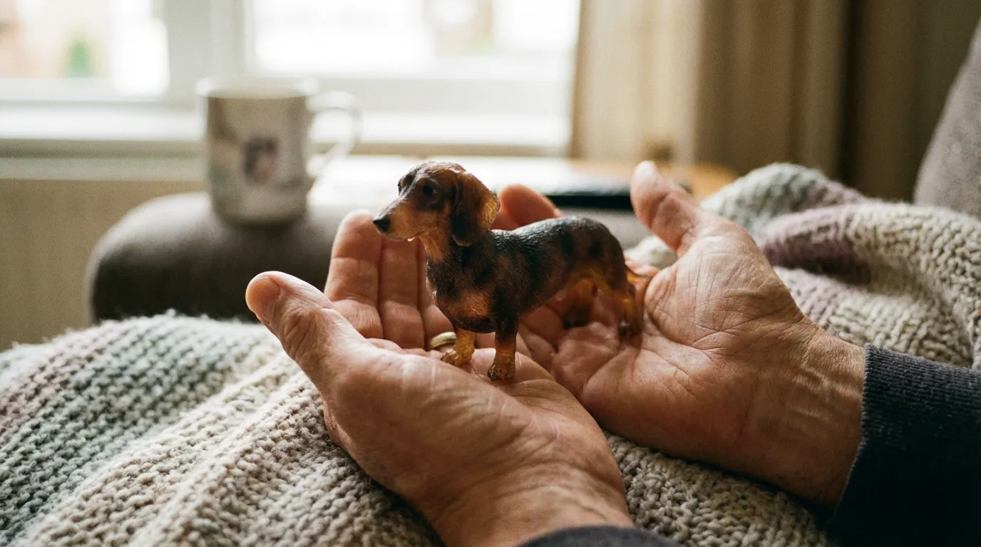 Hands cradling a small Dachshund figurine