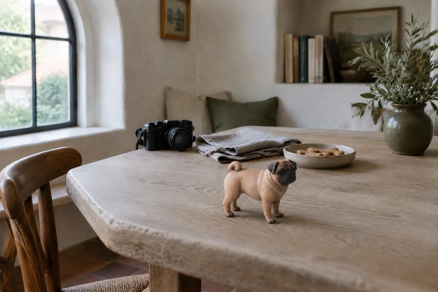 Fawn Pug figurine with head tilted on a limed oak table beside a small black camera and a folded grey linen napkin