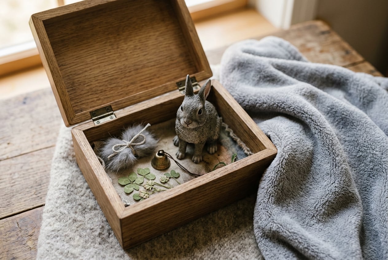 Full-color 3D printed resin figurine of a Rabbit inside an open wooden memory box with fur tuft, bell, and pressed clover