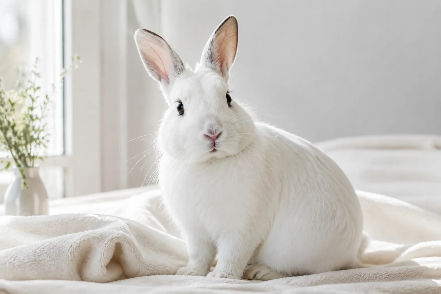 Rabbit posed on a soft neutral blanket near a window in natural diffused light
