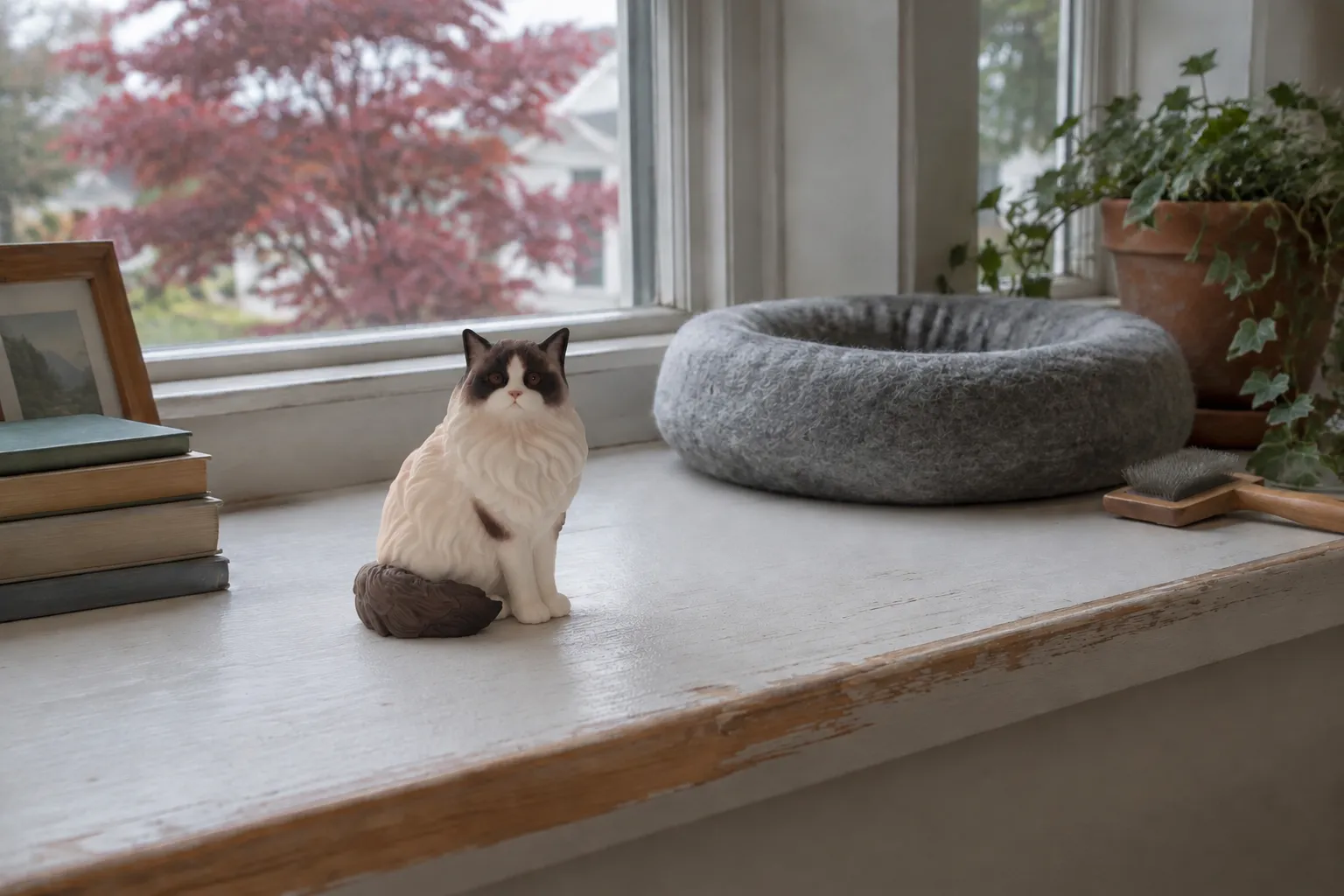 Seal bicolor Ragdoll cat figurine curled on a painted windowsill beside an empty grey felted wool cat bed