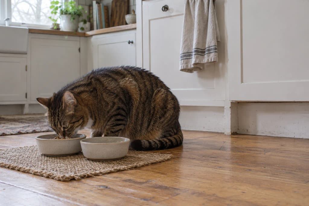 Brown mackerel tabby cat eating from a stoneware bowl on a kitchen floor beside a second, empty clean bowl