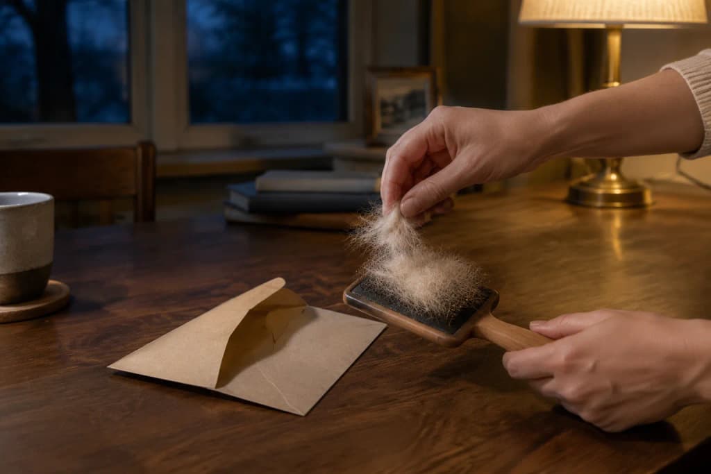 Hands lifting a tuft of pale cream cat fur from a wooden-handled grooming brush into a small paper envelope