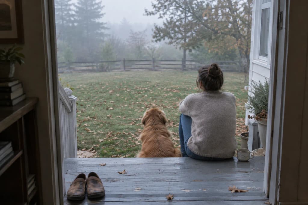 Person seen from behind sitting on painted porch steps at early morning, mug beside them, oak leaves on lawn