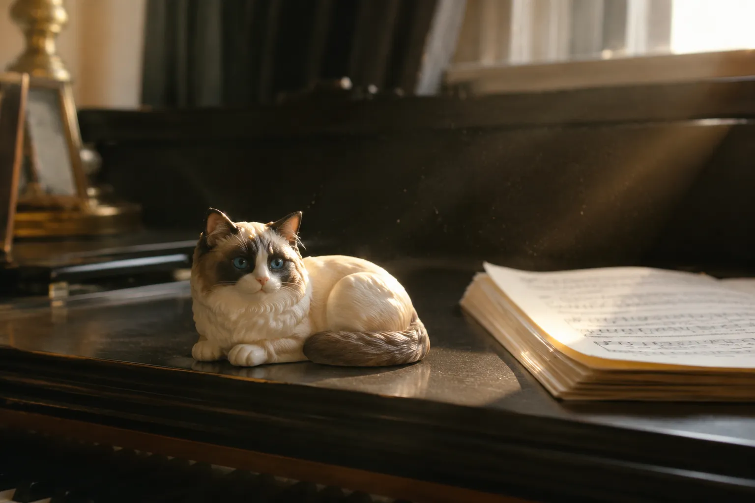 Ragdoll cat figurine lying relaxed with blue eyes