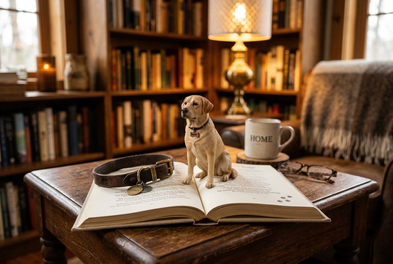 Full-color 3D printed resin figurine of a Labrador on an open Rainbow Bridge poem book with a collar nearby