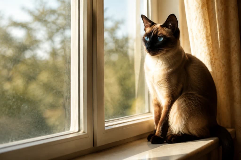 Elegant Siamese cat with bright blue eyes sitting on a sunlit windowsill in soft morning light at home