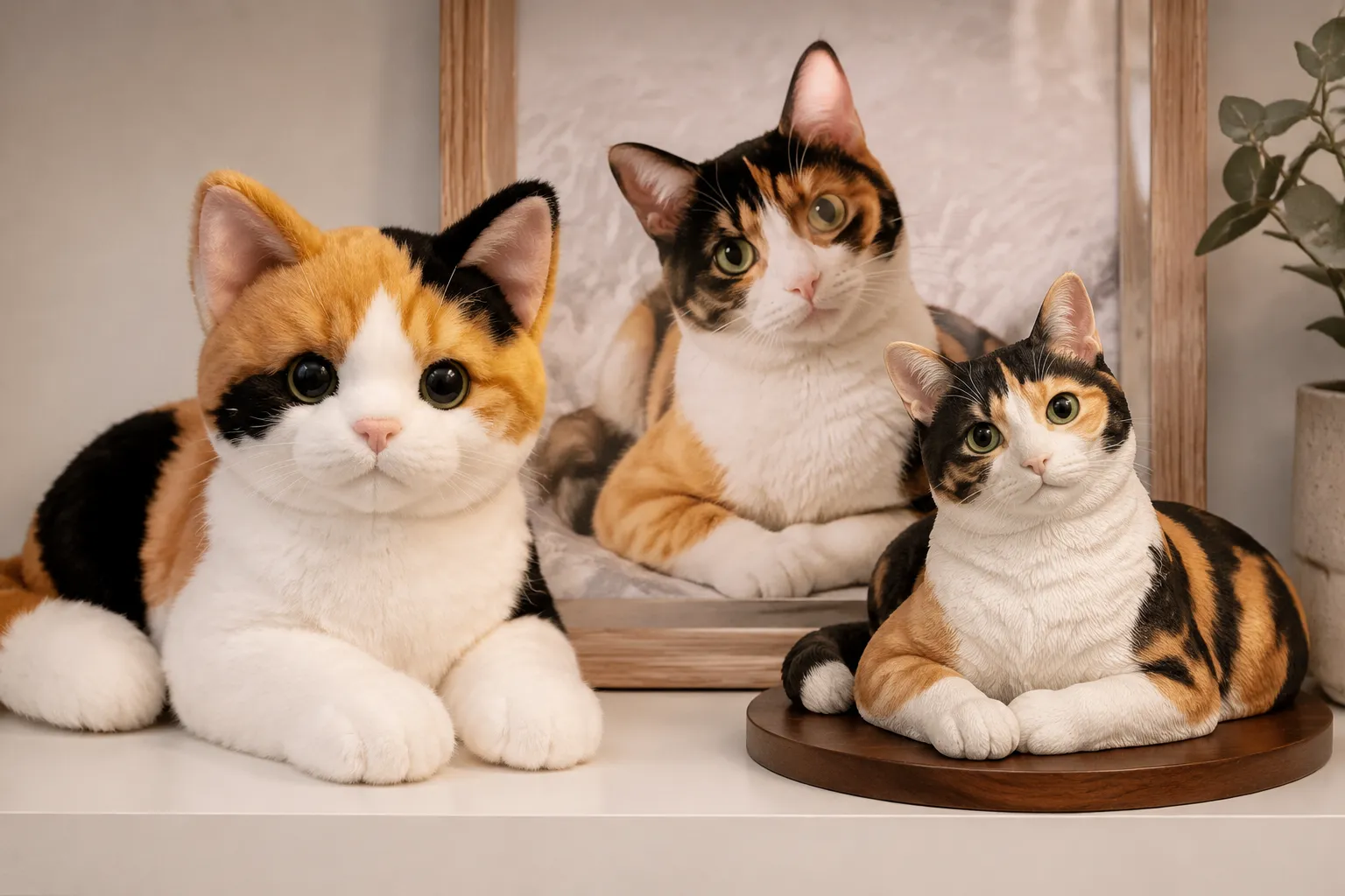 A stuffed cat replica beside a detailed resin Calico figurine on a shelf with the real cat's photo behind
