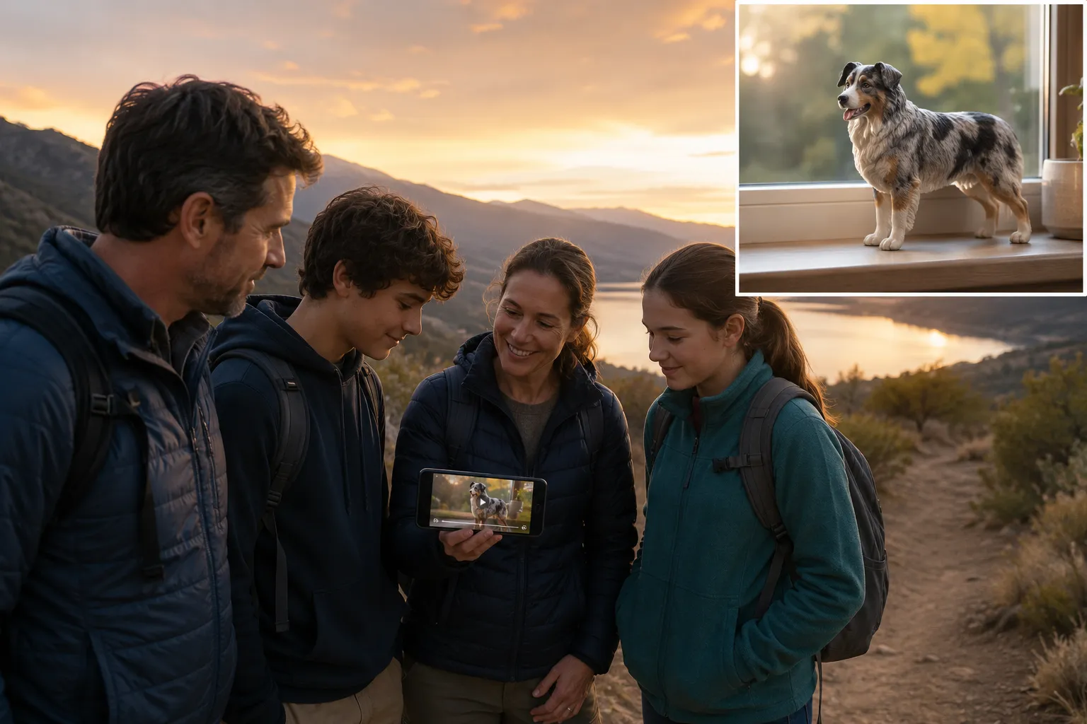 A family with teens walking at dusk viewing a video, with an Australian Shepherd's resin figurine at home