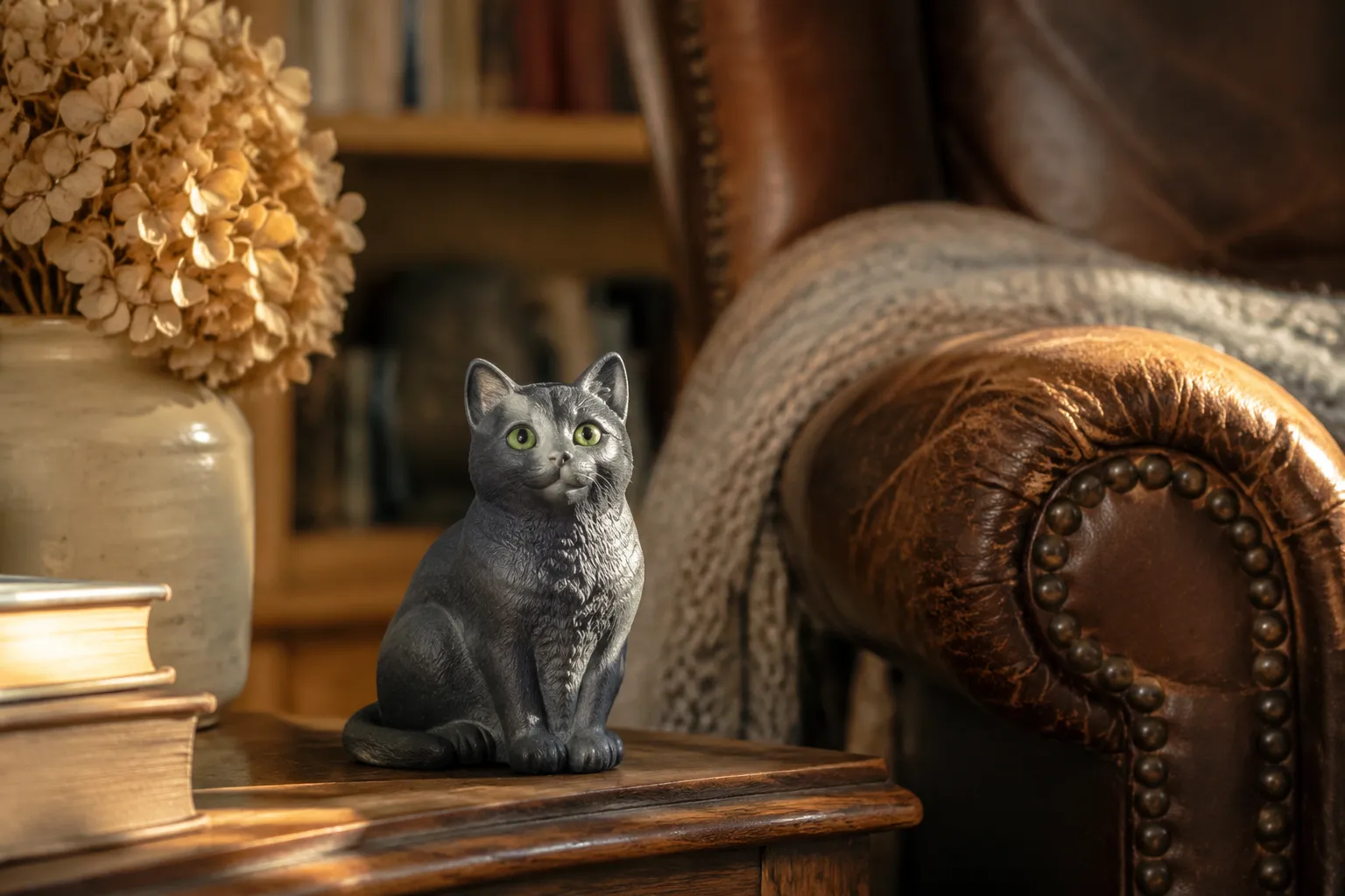 Russian Blue cat figurine sitting composed with green eyes