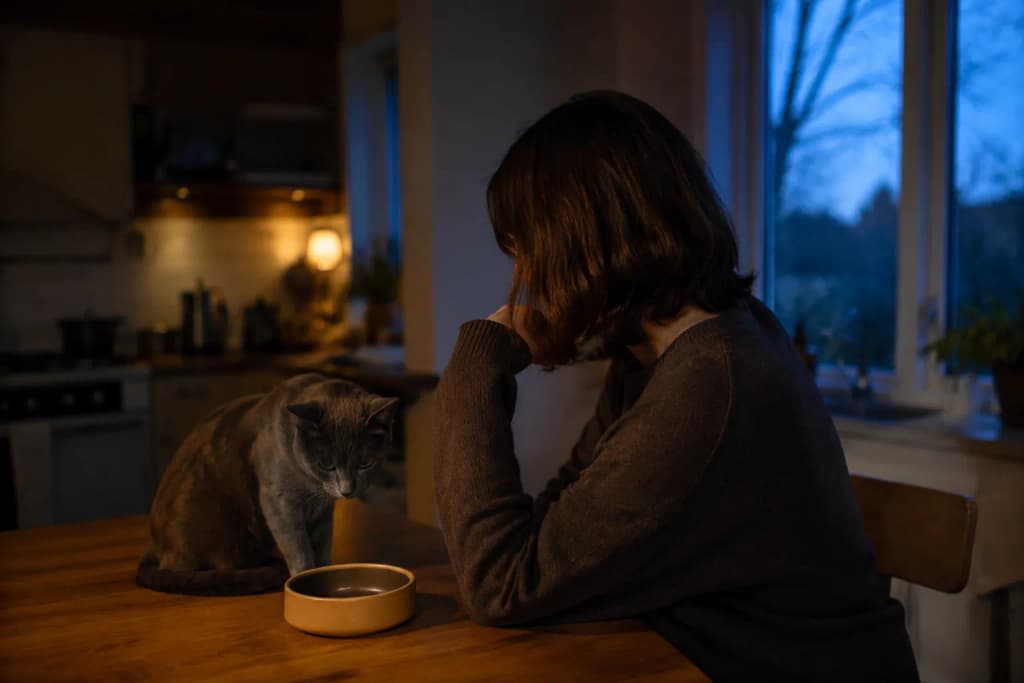 A person alone at a kitchen table at dusk glancing at their Russian Blue cat's empty food bowl — another moment