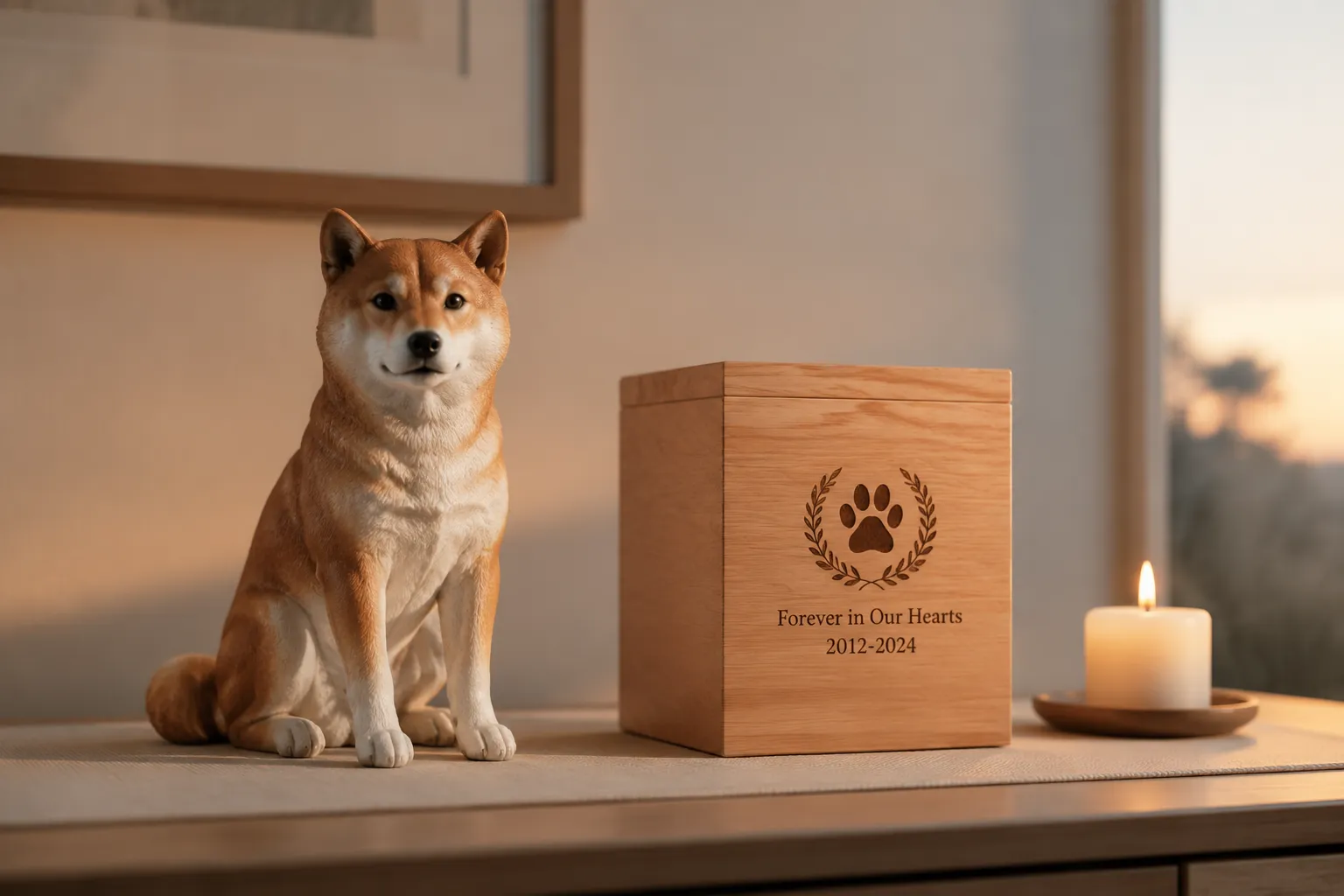 Full-color resin figurine of a Shiba Inu beside a wooden ashes box and a candle on a minimalist table