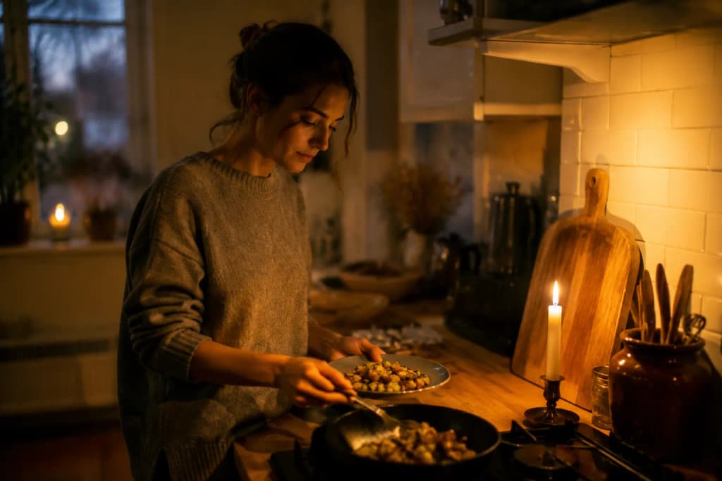 Person plating a home-cooked meal in a softly lit dusk kitchen with a single candle glowing nearby