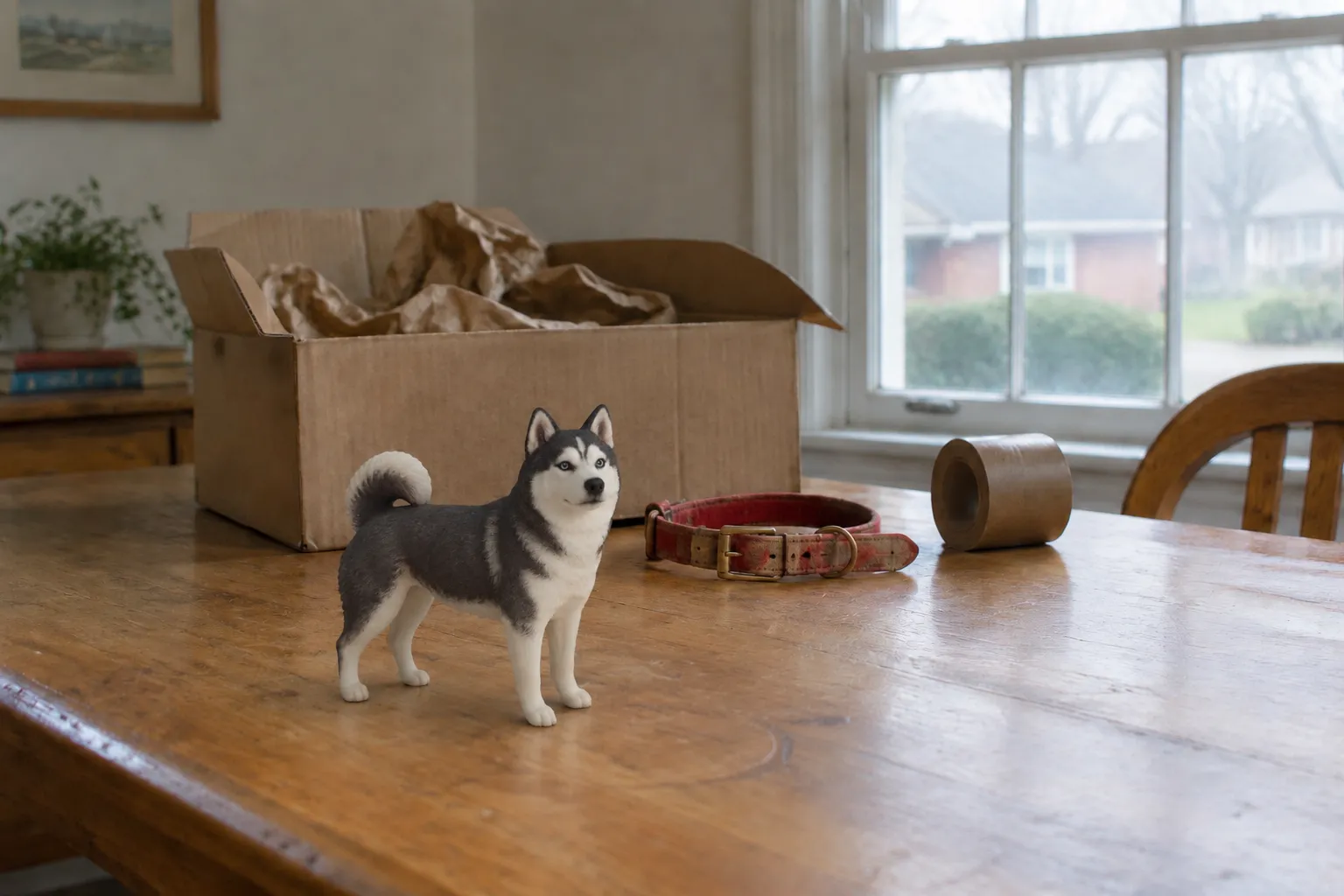 Siberian Husky figurine lying with chin on paws on an oak kitchen table beside an open shipping box and red collar