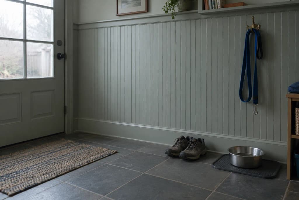 A leash hangs on a brass hook above an empty steel water bowl by a back door in early morning light