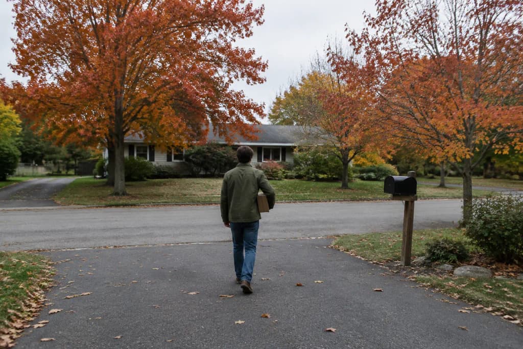 A person seen from behind carries a small parcel down a driveway toward a black mailbox under maples