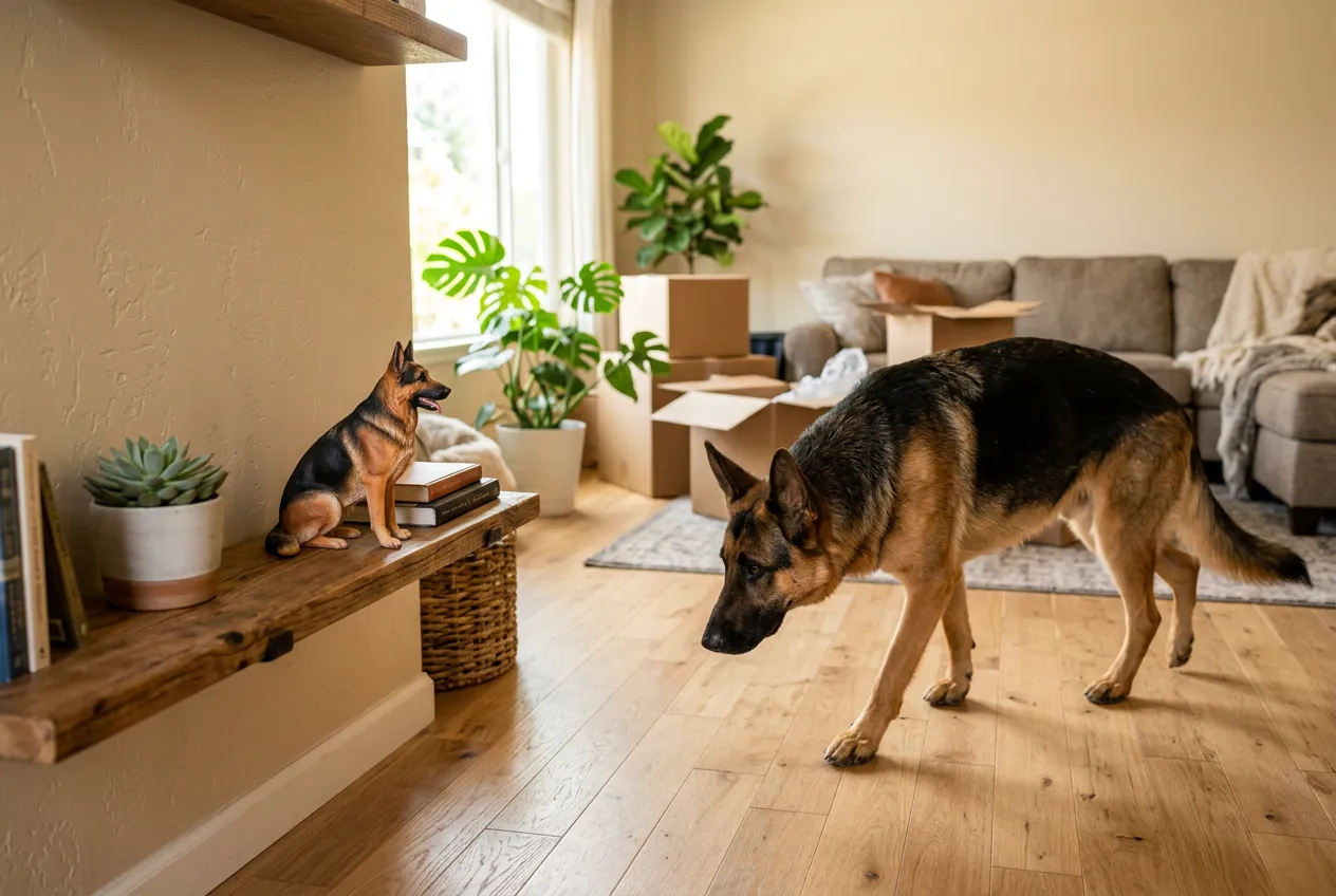 Rescue German Shepherd exploring a new home with a full-color 3D printed resin figurine on a welcome shelf