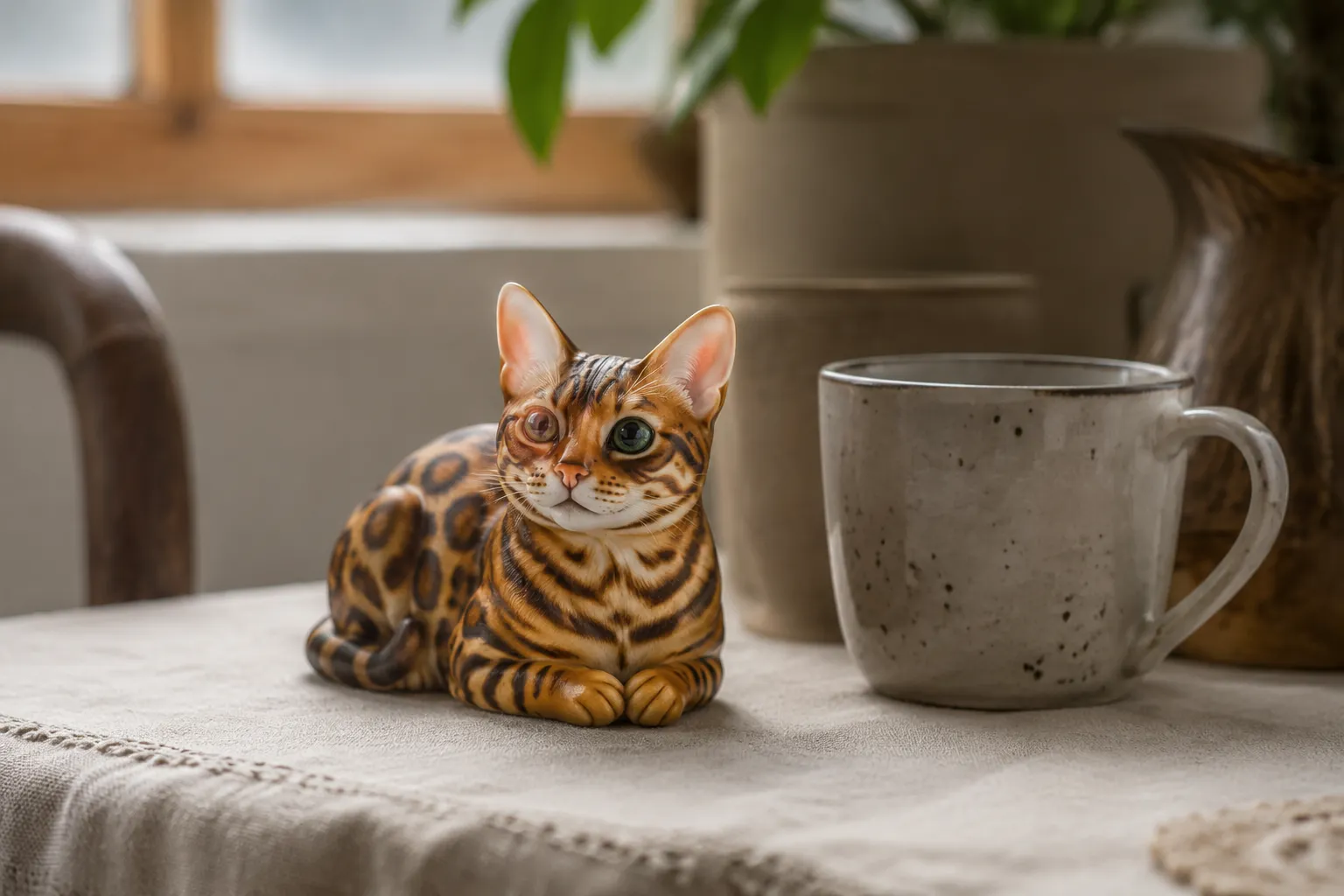 Bengal cat figurine lying with paws tucked, showing spotted coat