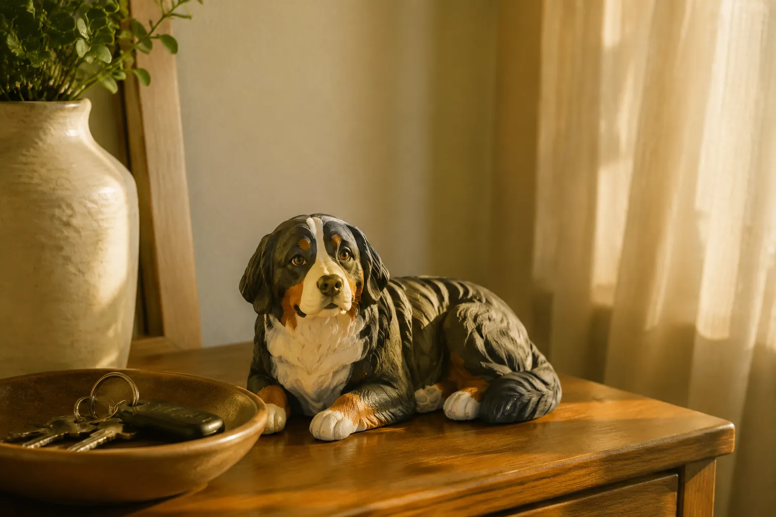 Full-color resin figurine of an aging Bernese Mountain Dog lying calmly