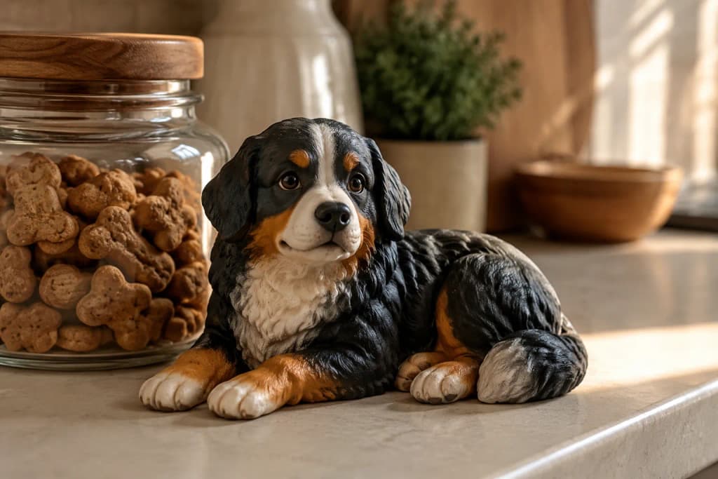 Full-color resin figurine of an aging Bernese Mountain Dog lying calmly — in-article view