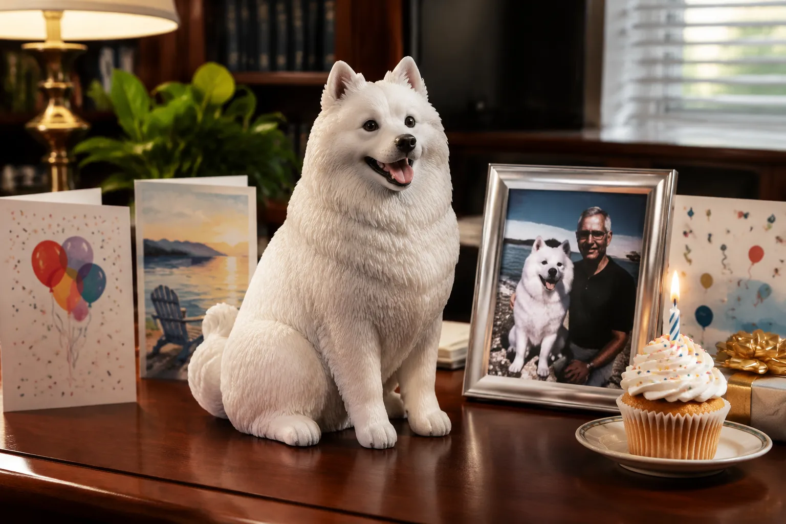 Full-color 3D printed resin Samoyed figurine on a desk surrounded by retirement cards with a framed photo of the real Samoyed