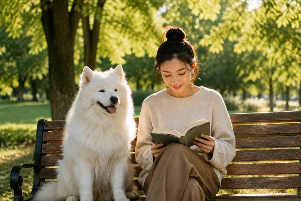 A smiling white Samoyed sitting beside a relaxed person reading on a park bench in dappled sunlight
