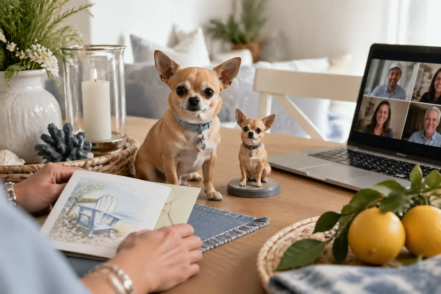 Chihuahua beside a small resin figurine on a retirement table set for a family call