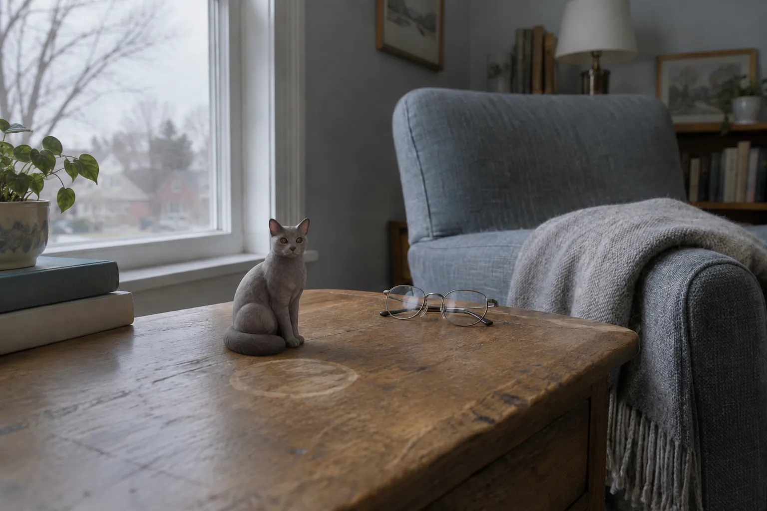 A four-inch Russian Blue cat figurine in silver-blue coat on an oak side table beside a cold mug and folded glasses.